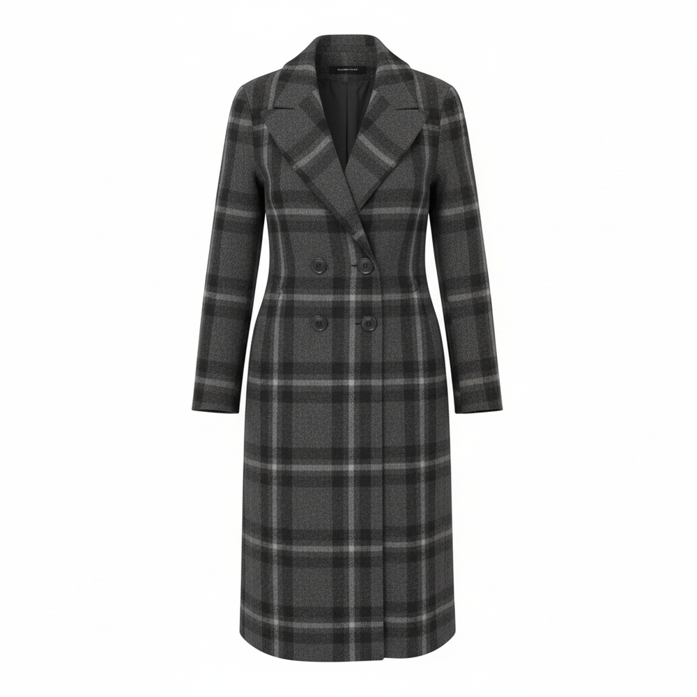 ZARA WOMEN’S STUDIO PLAID CHECK DOUBLE BREASTED  100% WOOL COAT GRAY